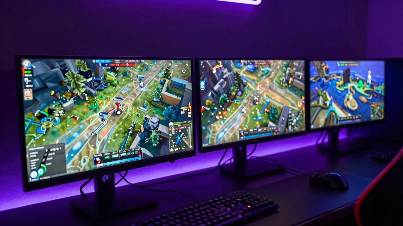 Setup gamer com monitor exibindo mapa de jogo, luz roxa e azul ne