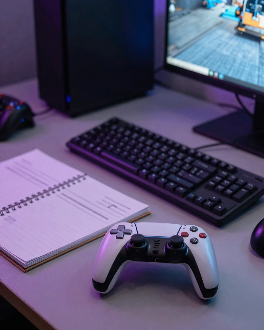 Mesa de trabalho editorial com teclado, anotações e um controle de videogame sobre superfície grafite, luz suave em tons