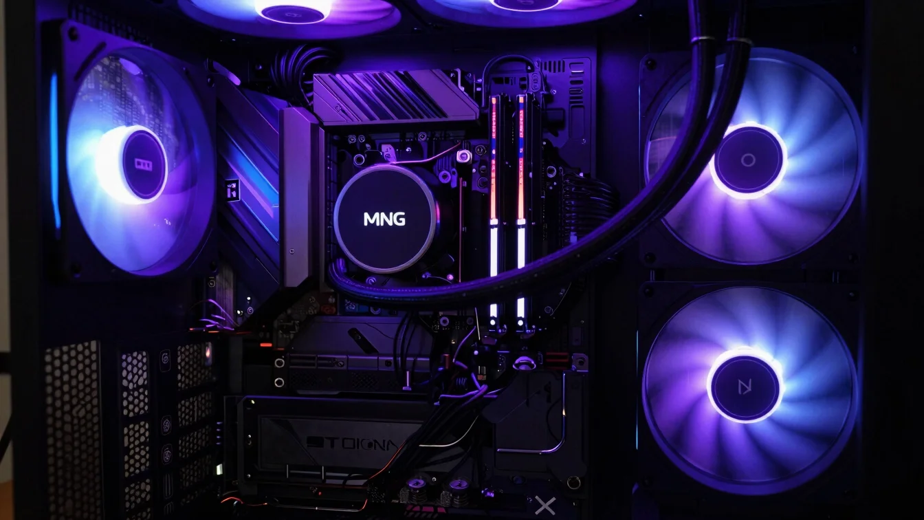 Placa de vídeo com iluminação RGB azul e roxa em gabinete escuro,
