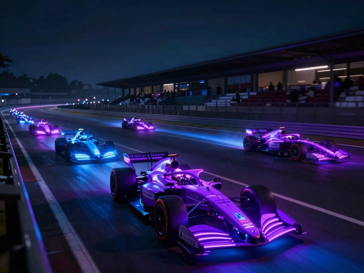 Carro de corrida futurista em pista noturna com rastros de luz az