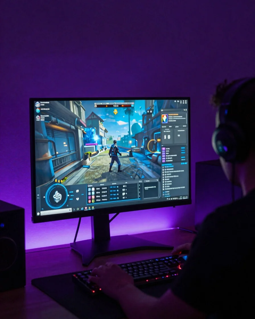 Setup gamer em ambiente escuro com monitor exibindo a interface de um jogo, iluminação baixa com acentos roxos e azuis n
