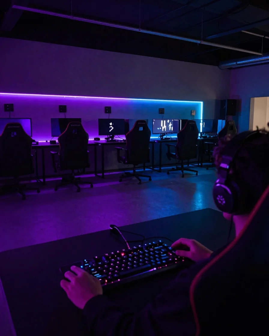 Setup gamer de tela ampla em ambiente escuro, iluminação baixa com acentos roxos e azuis neon, controle e teclado em pri
