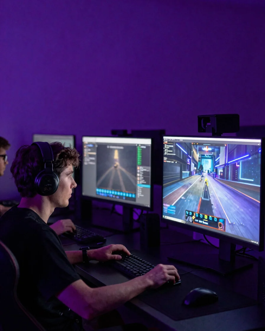 Setup gamer editorial em ambiente escuro, monitor exibindo uma te