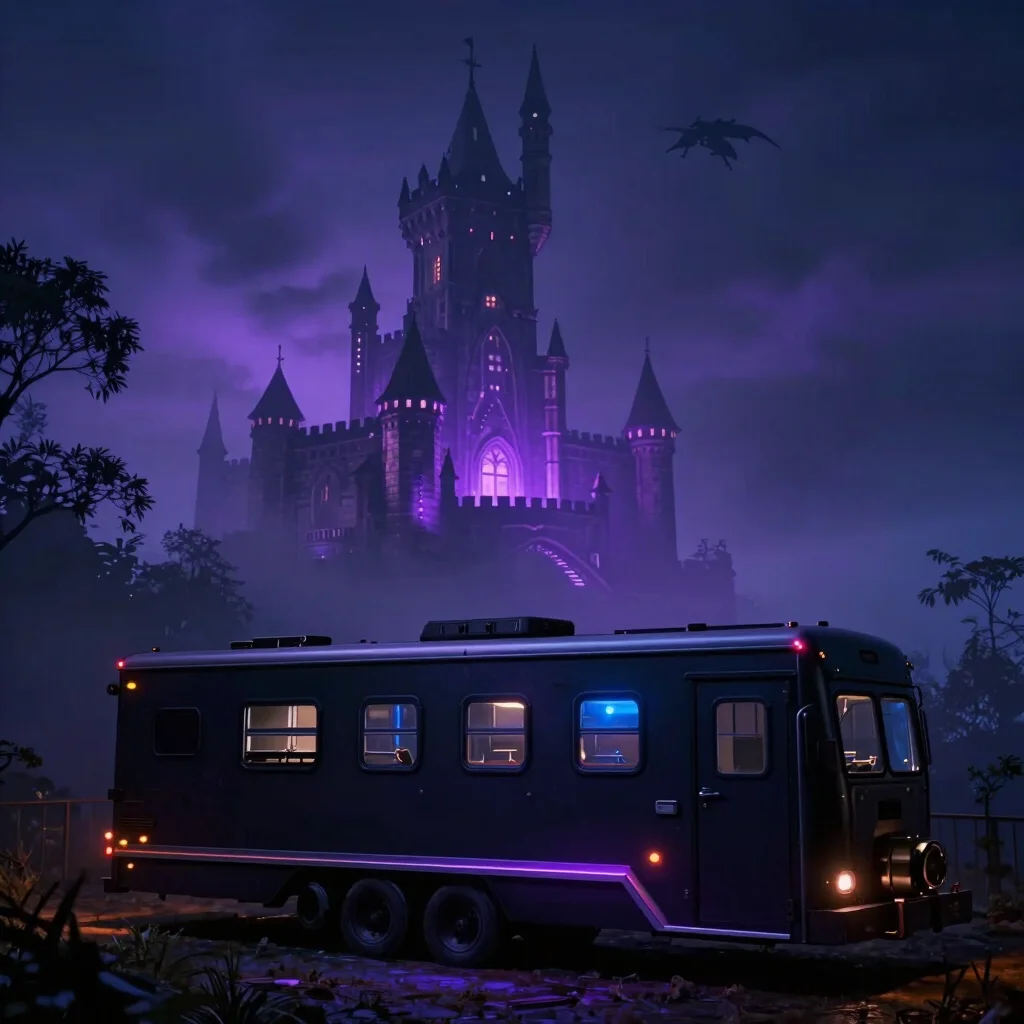 Still de trailer de RPG com castelo em névoa e dragão ao fundo, i