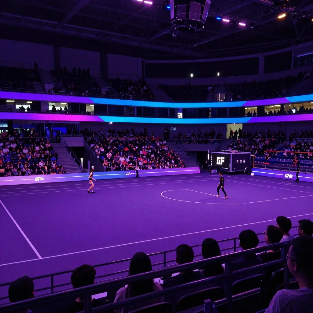 Still de trailer de jogo de esporte em arena iluminada por luzes