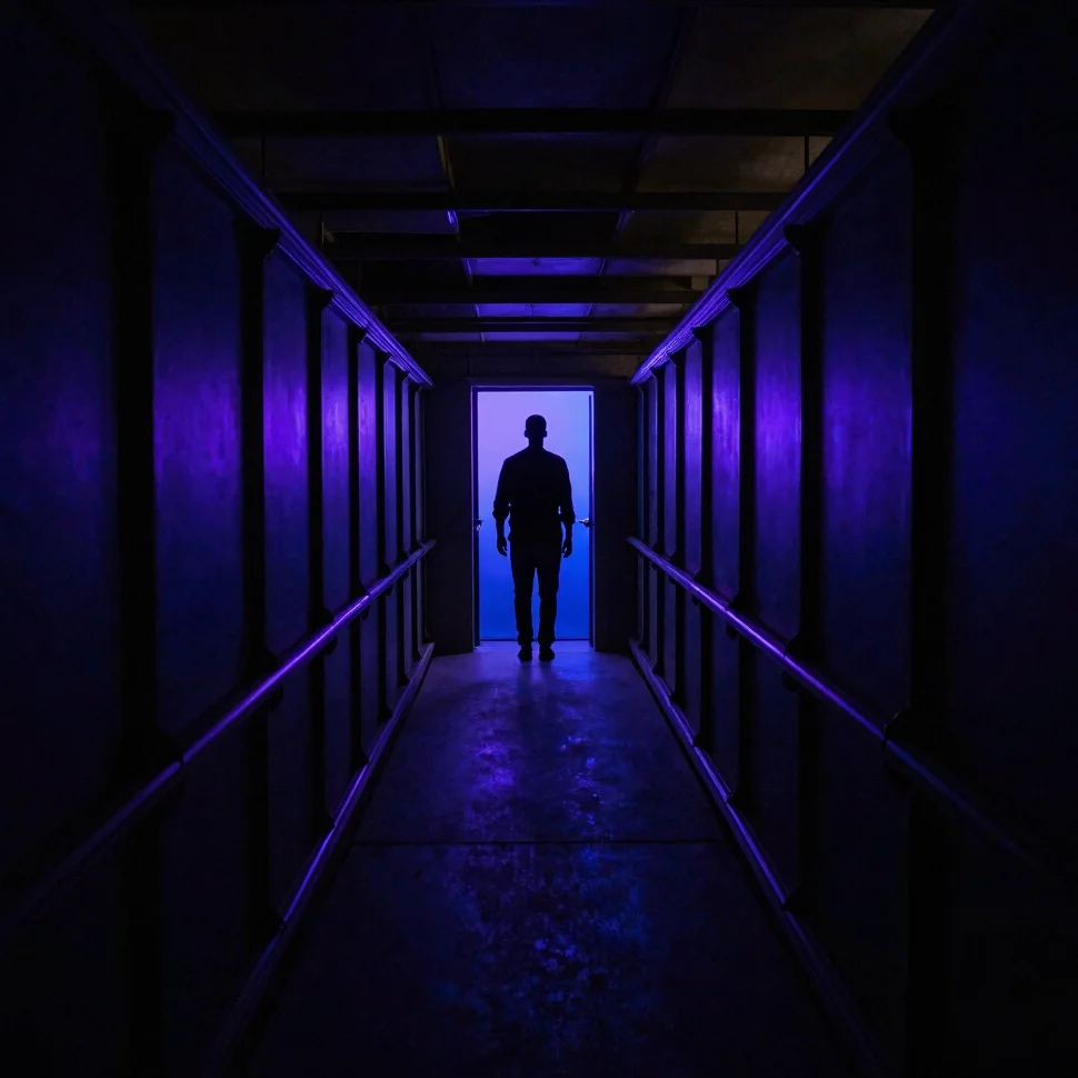 Still de trailer de terror com corredor escuro e silhueta ao fund